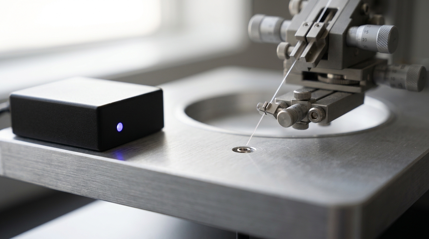 An optogenetic stimulation rig with a thin fiber-optic patch cable connected to an implant on a small animal platform, a blue-indicator laser coupler beside it.