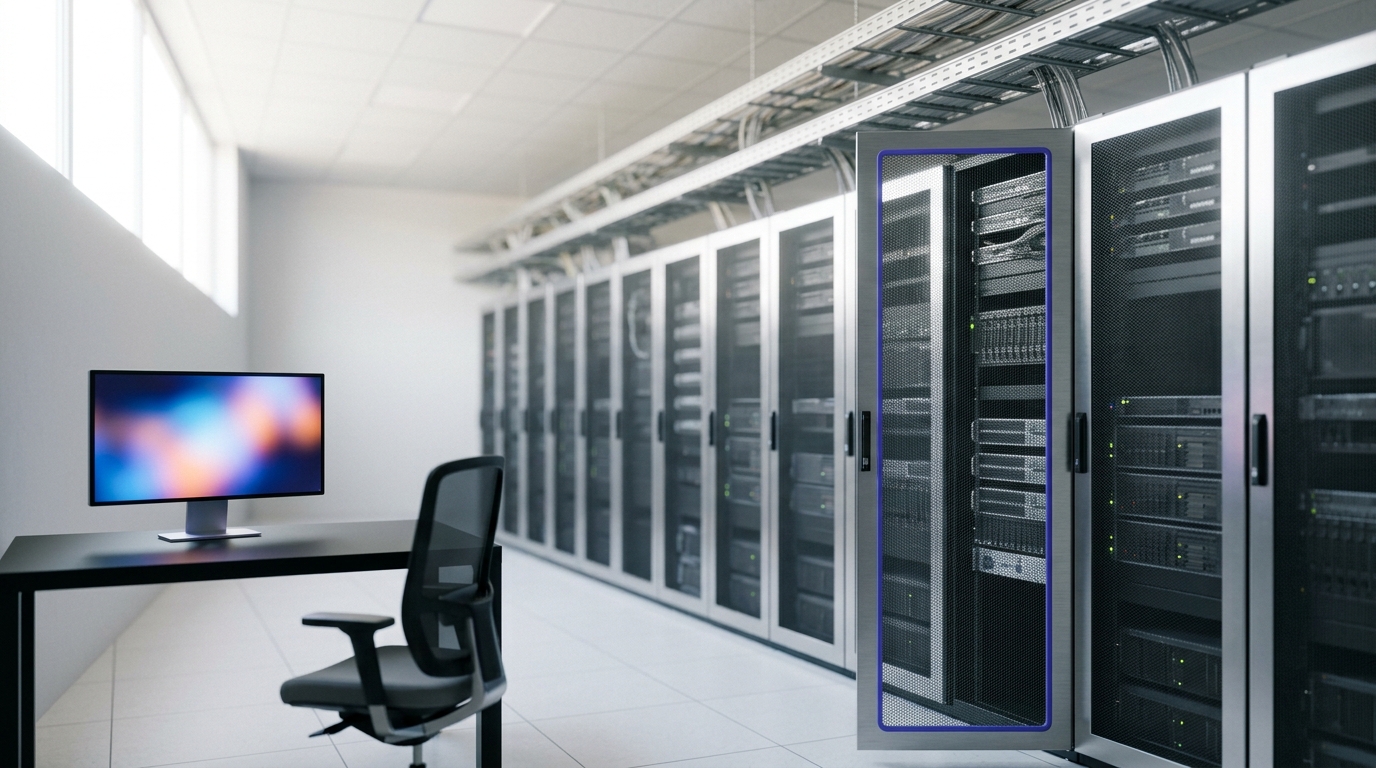 A computational neuroscience server cluster room with racks of hardware and cable trays, a single workstation monitor glowing at a desk in the foreground.
