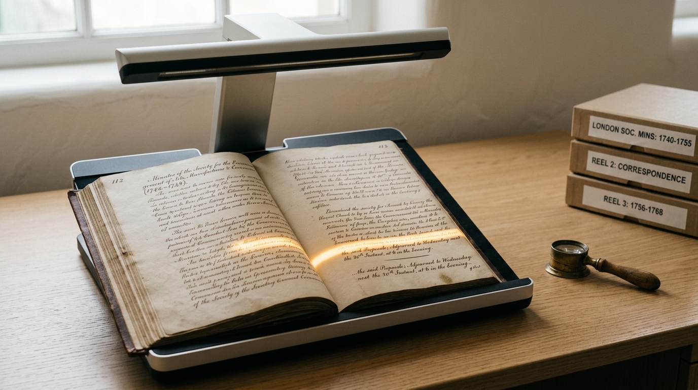 An open bound society minute-book under a document-scanning cradle, a loupe resting on the page.