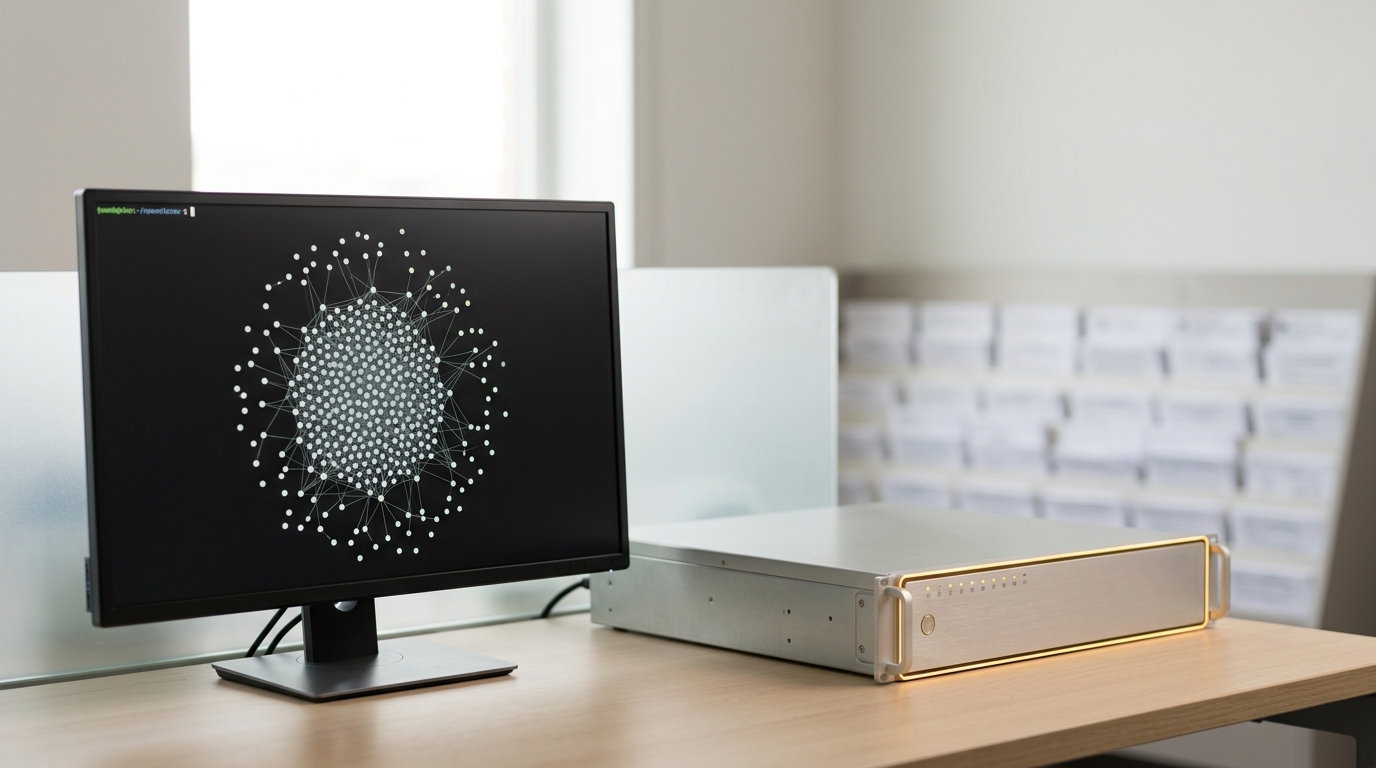 A rack-mounted server and terminal displaying a citation network graph still partly rendered.
