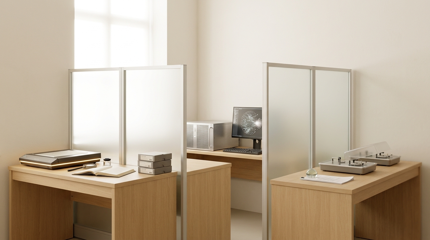 Three research stations for studying scientific institutions in one bright room: archival desk, bibliometric console, and registered-report trial desk.