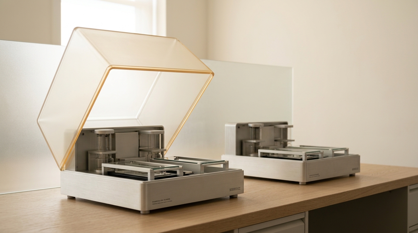 Two identical lab-tray apparatus set up side by side for a matched replication run, one dust cover half-lifted.