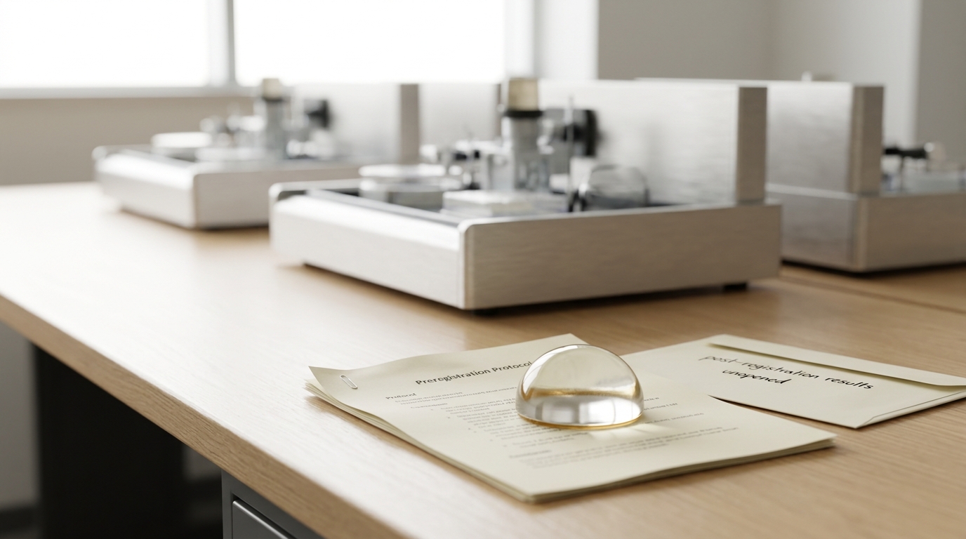 A stapled preregistration protocol pinned under a paperweight beside a sealed envelope marked for post-registration results.