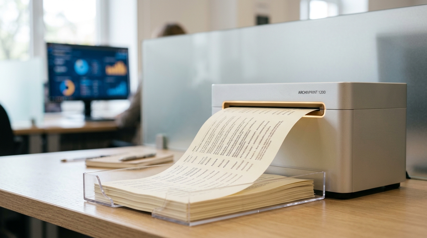 A printed tray of retraction-database rows beside the bibliometric terminal, one row still printing.