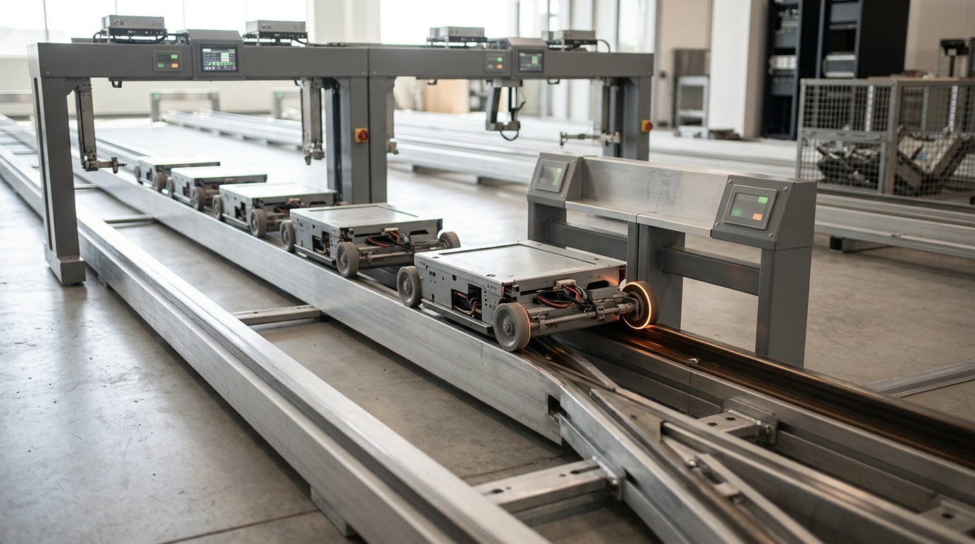 A rejection-sampling station where several candidate carriers on parallel rails approach a scoring gate, one already diverted onto the single accept rail while the rest continue toward a reject bin
