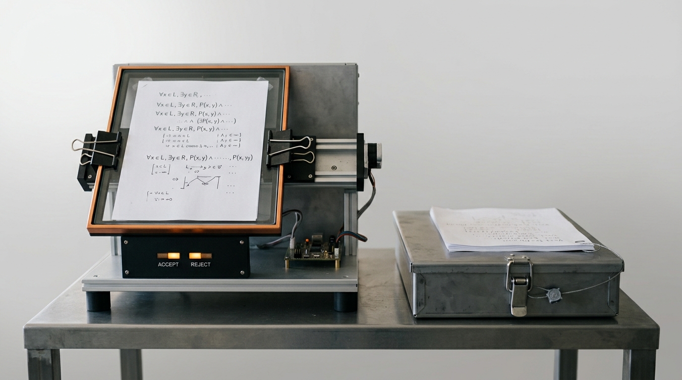 A formal-verification bench with a theorem-prover checking rig mid-check on a candidate proof, its verdict light not yet resolved, beside a sealed tray of prior verified output