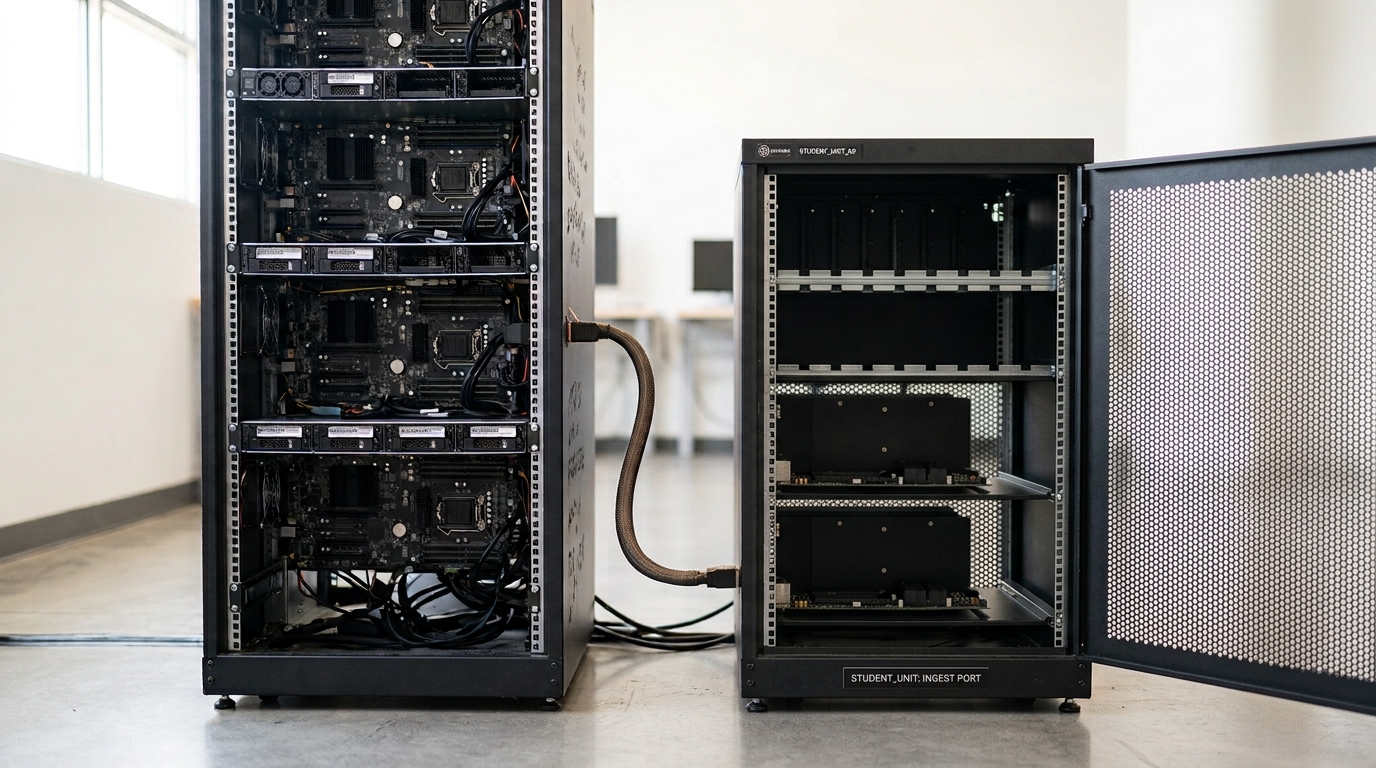 Two adjacent compute racks, a larger teacher rack and a smaller student rack, joined by a cross-connect cable whose connector is caught half-mated between them