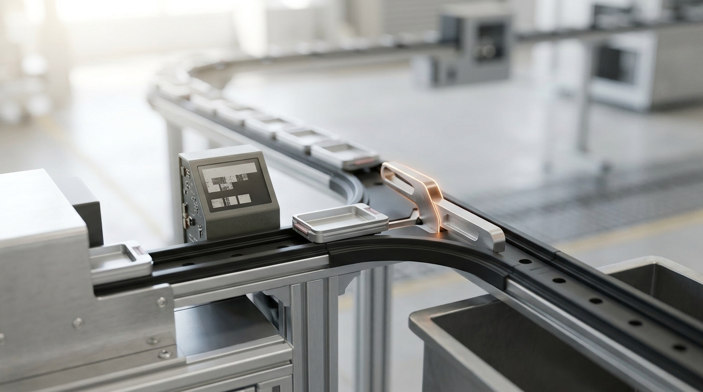 A self-improvement loop station where a sample carrier sits at a track fork between a return-to-queue rail and a reject rail, the switch blade caught mid-throw