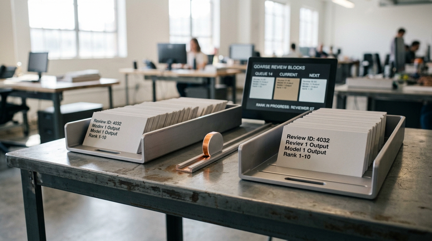 A human-annotation review desk with two candidate-output trays side by side and a rail-guided ranking token caught mid-slide toward one of them