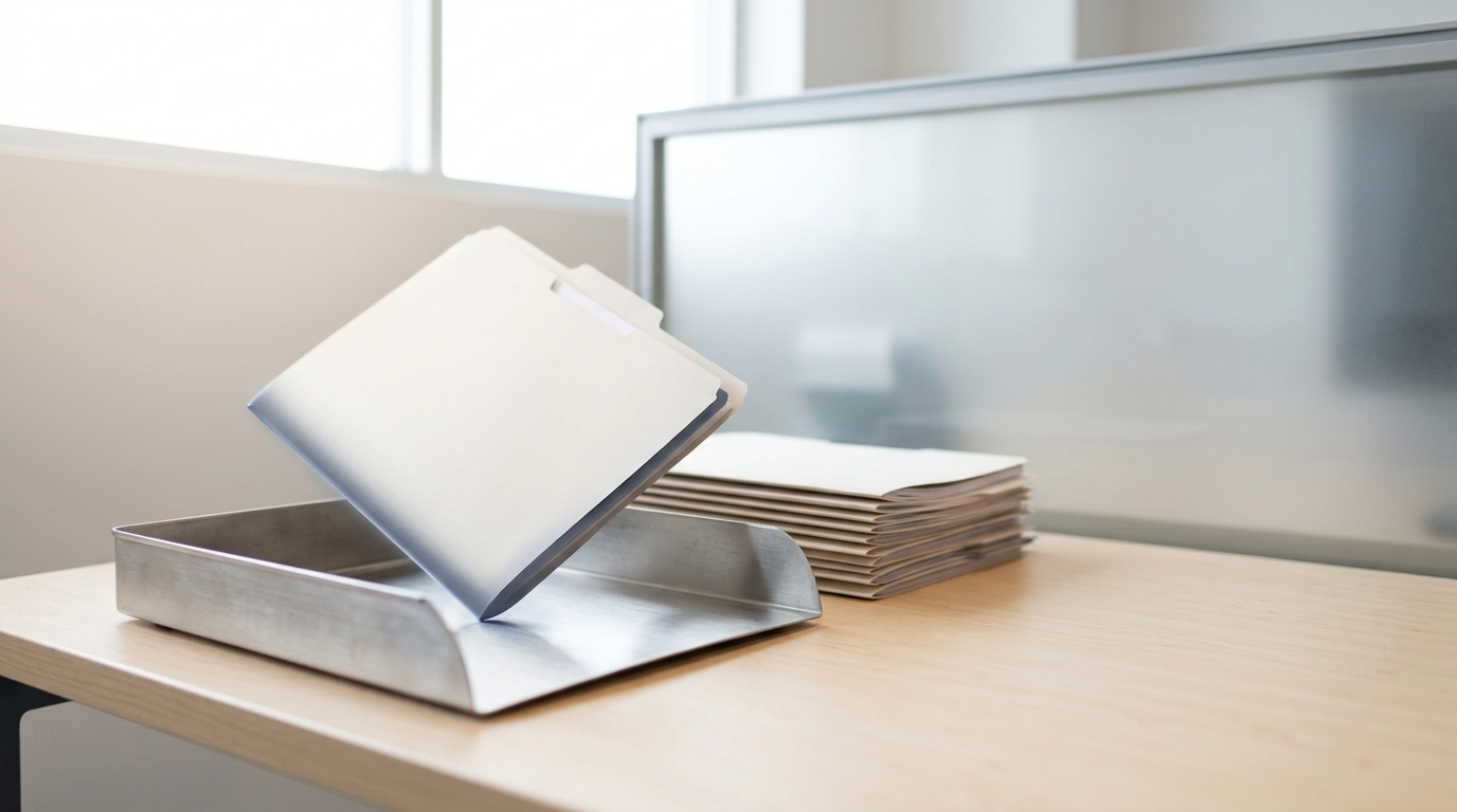 An archive room of case-study folders in open drawers, one folder pulled halfway out labelled only with a plain year tab