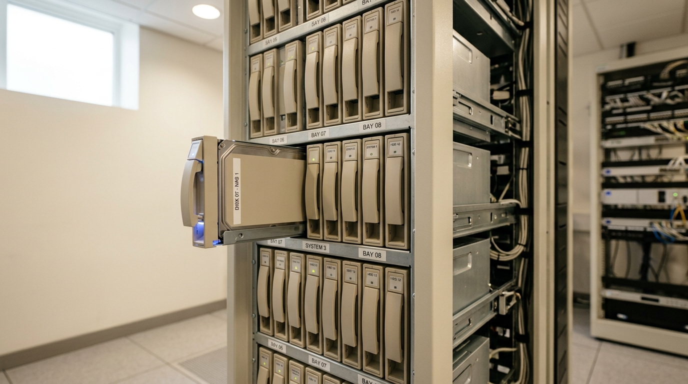 A small server and archival storage room with labelled data drives, one drive half-slotted into an open bay