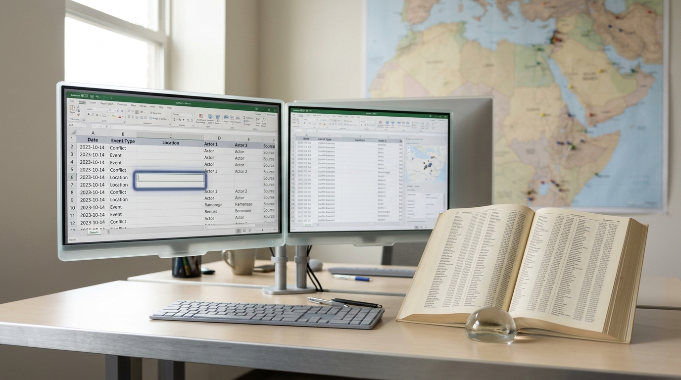 A conflict-event coding workstation with dual monitors mid-scroll through a geocoded incident log, a paper gazetteer open beside it