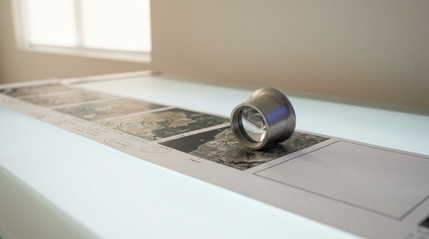 A light table reviewing a printed satellite image strip through a loupe, the loupe still tilted mid-slide across the print