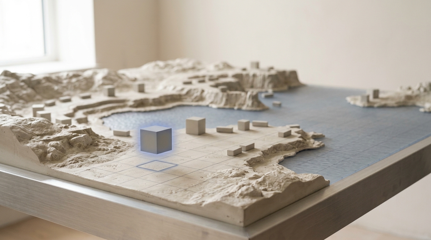 A tabletop terrain model of a coastline with small abstract marker blocks, one block hovering just above its grid square