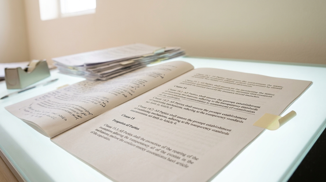 A treaty text printed on a light table with margin tabs, one clause underlined and a fresh annotation tab half-attached