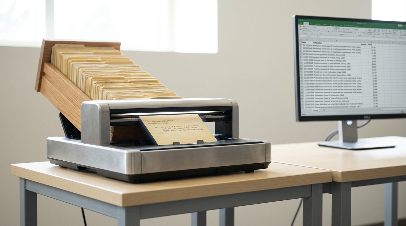 A library card-catalog drawer tipped into a sheet-fed scanner mid-feed, one index card caught passing under the scan bar while a bibliometric spreadsheet fills row by row on a monitor beyond
