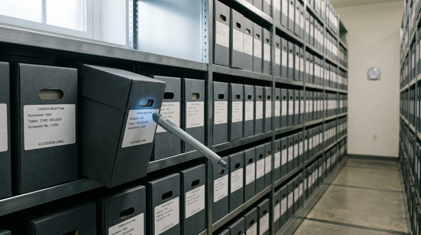 Humidity-controlled archival shelving in a cold-storage vault, one acid-free box pulled halfway off its shelf with a barcode scanner wand caught mid-sweep across its accession label