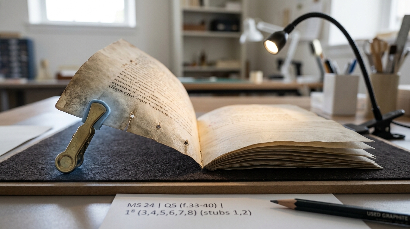 A codicology workbench with a disbound manuscript quire fanned open under a raking-light lamp, one loose leaf held half-lifted by a padded finger clamp mid-collation