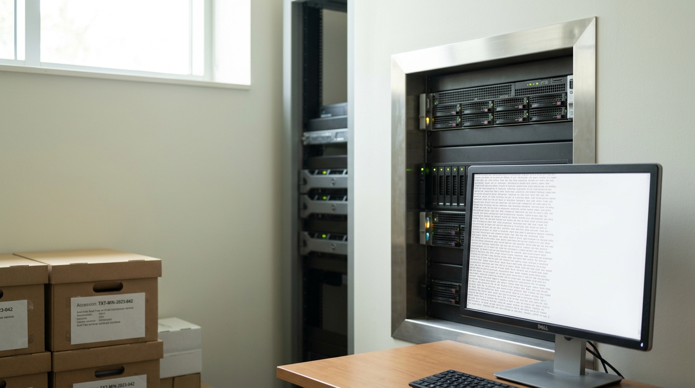 A rack-mounted server console in a bright text-mining lab with plain scrolling corpus text streaming down a flat monitor, one status LED just switching from amber to green