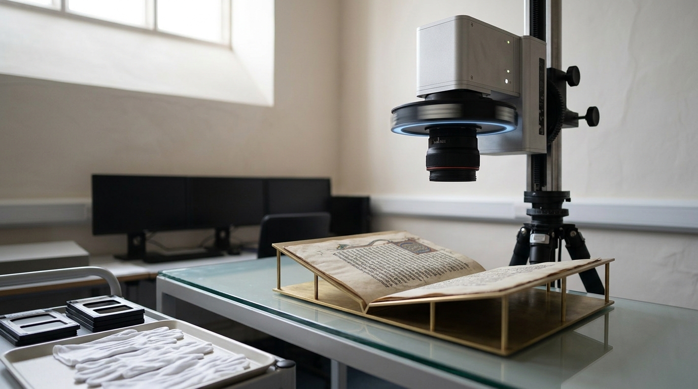 A multispectral imaging rig on a geared tripod caught mid-exposure over an open medieval manuscript leaf on a padded book cradle, one lens filter wheel still rotating into position