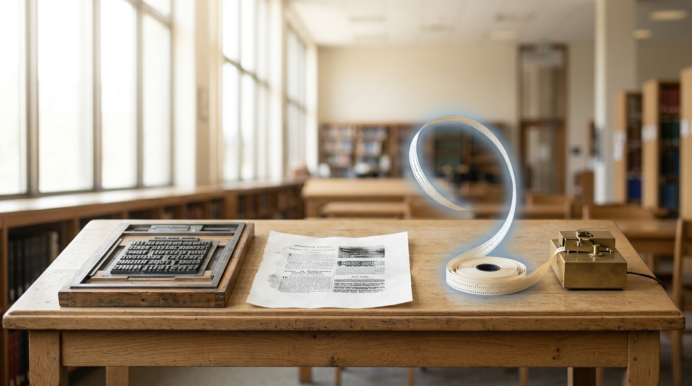 A wide examination table laid with a hand-set printer's forme, a proof sheet, and a coil of punched paper telegraph tape, one length of tape still unspooling from a reader mid-transcription