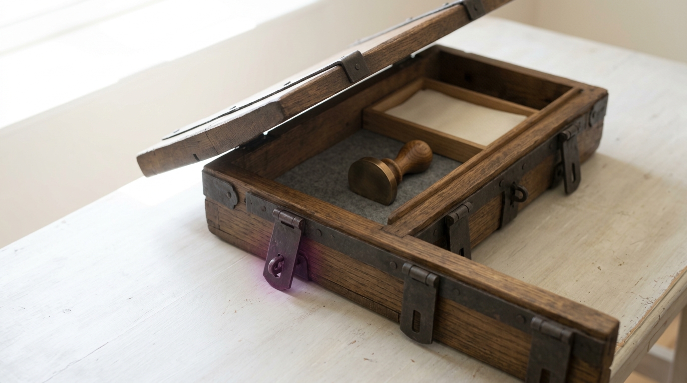 An iron-bound oak chest standing open on a bench with the seal matrix lying face down in its fitted bed, four hasps along the front rail of which one has just dropped into its staple while three still stand open