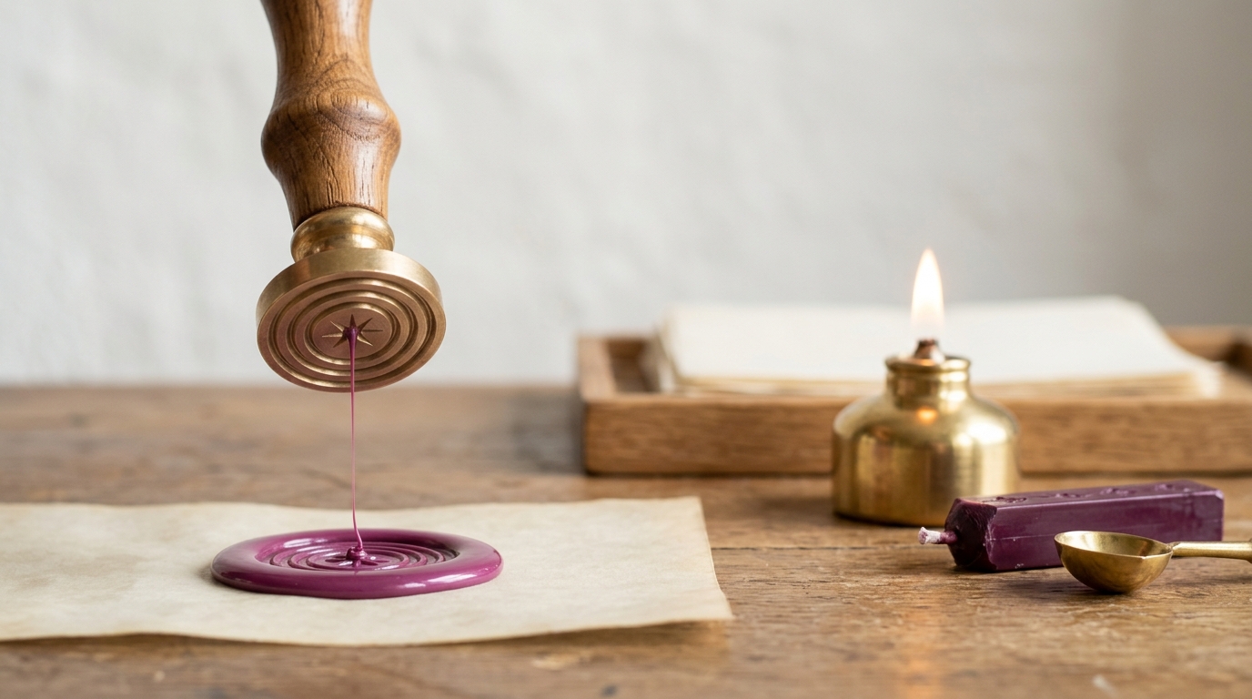 A bronze seal matrix caught a few millimetres above a fresh wax impression on an oak bench, a thin thread of soft wax still drawing between them, with a lit brass lamp and a stick of sealing wax behind