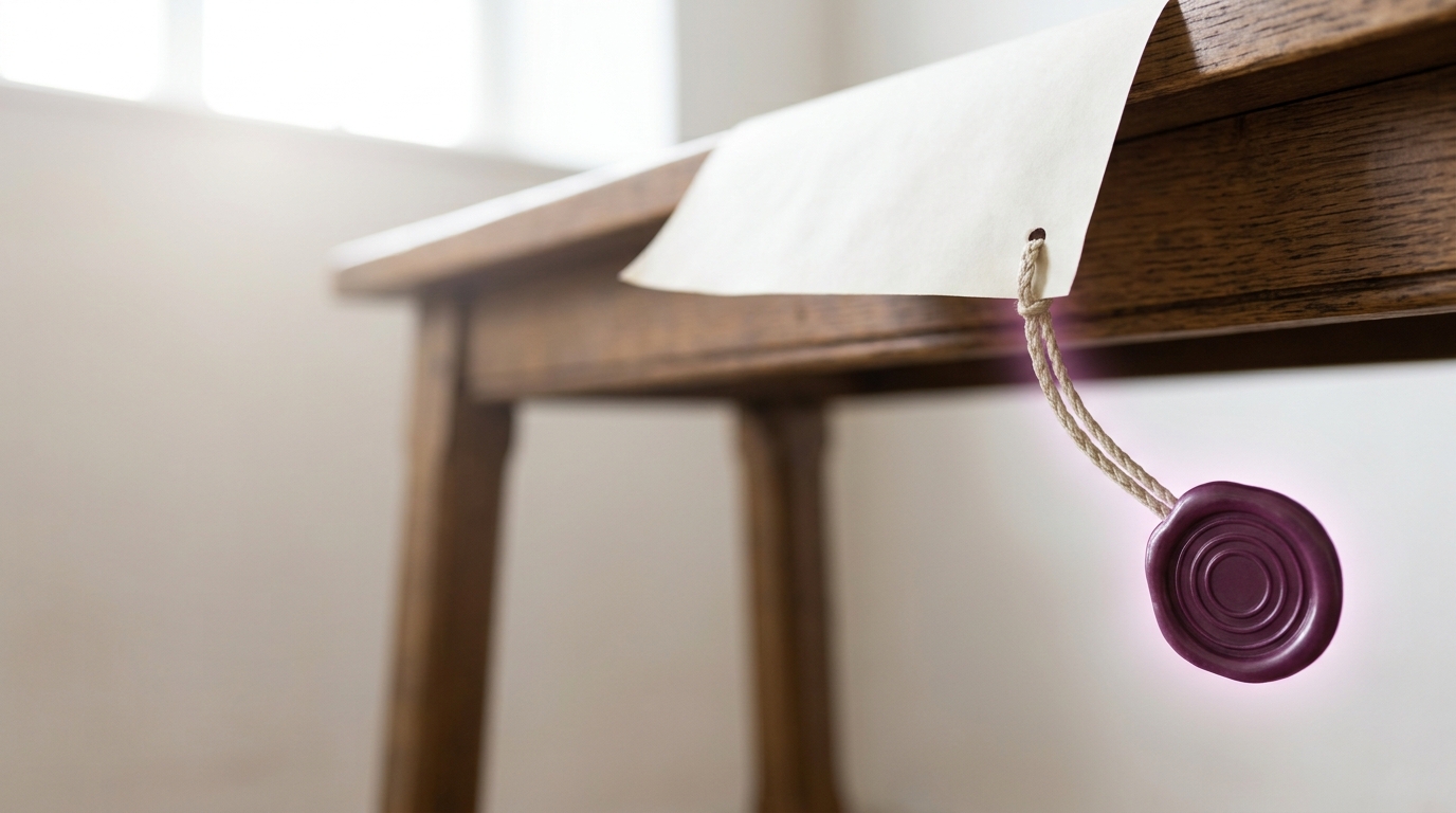 A struck wax seal hanging on a plaited cord threaded through the foot of a blank vellum skin at a bench edge, still swinging a little off vertical, the skin's cut edge lifting above it