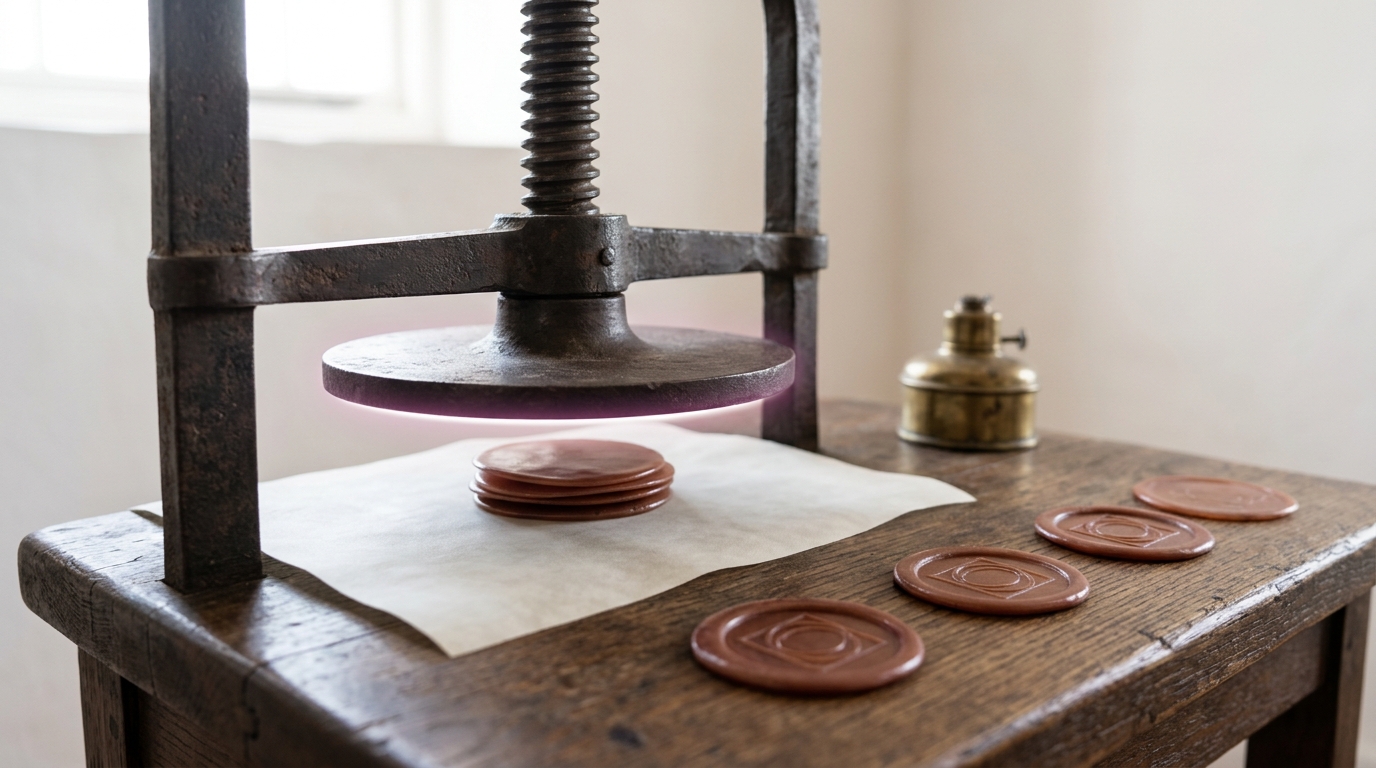 A press platen descending toward a short stack of thin wax wafers with a hairline of daylight still open beneath it, beside three already-struck wafers whose devices grow progressively fainter