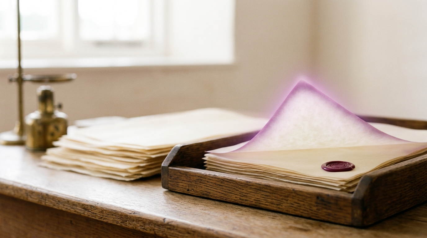 A shallow oak tray of blank vellum skins with the topmost skin drawn half clear of the stack and its far corner still lifted, beside a small wax impression whose gloss has half gone matte