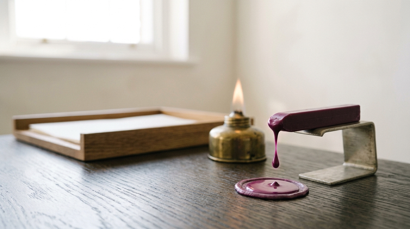 A half-used stick of sealing wax resting in a plain metal rest above the flame of a brass spirit lamp, one pendant bead drawn thin at its tip and not yet fallen, over a small pool of wax still spreading on the oak bench