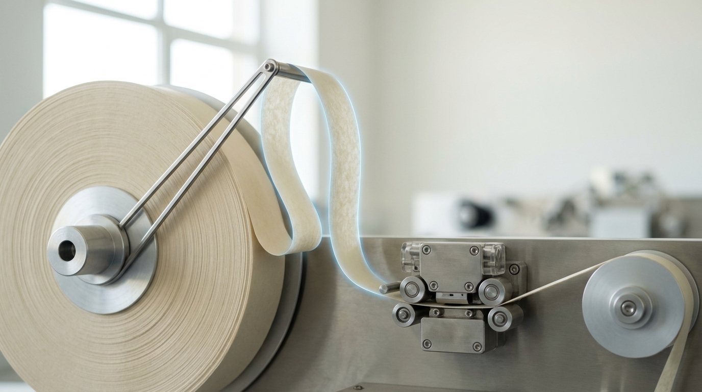 Close view of one test rig's supply reel with a section of waxed paper tape lifted clear to show how much more remains wound on the reel than has passed through the reader head