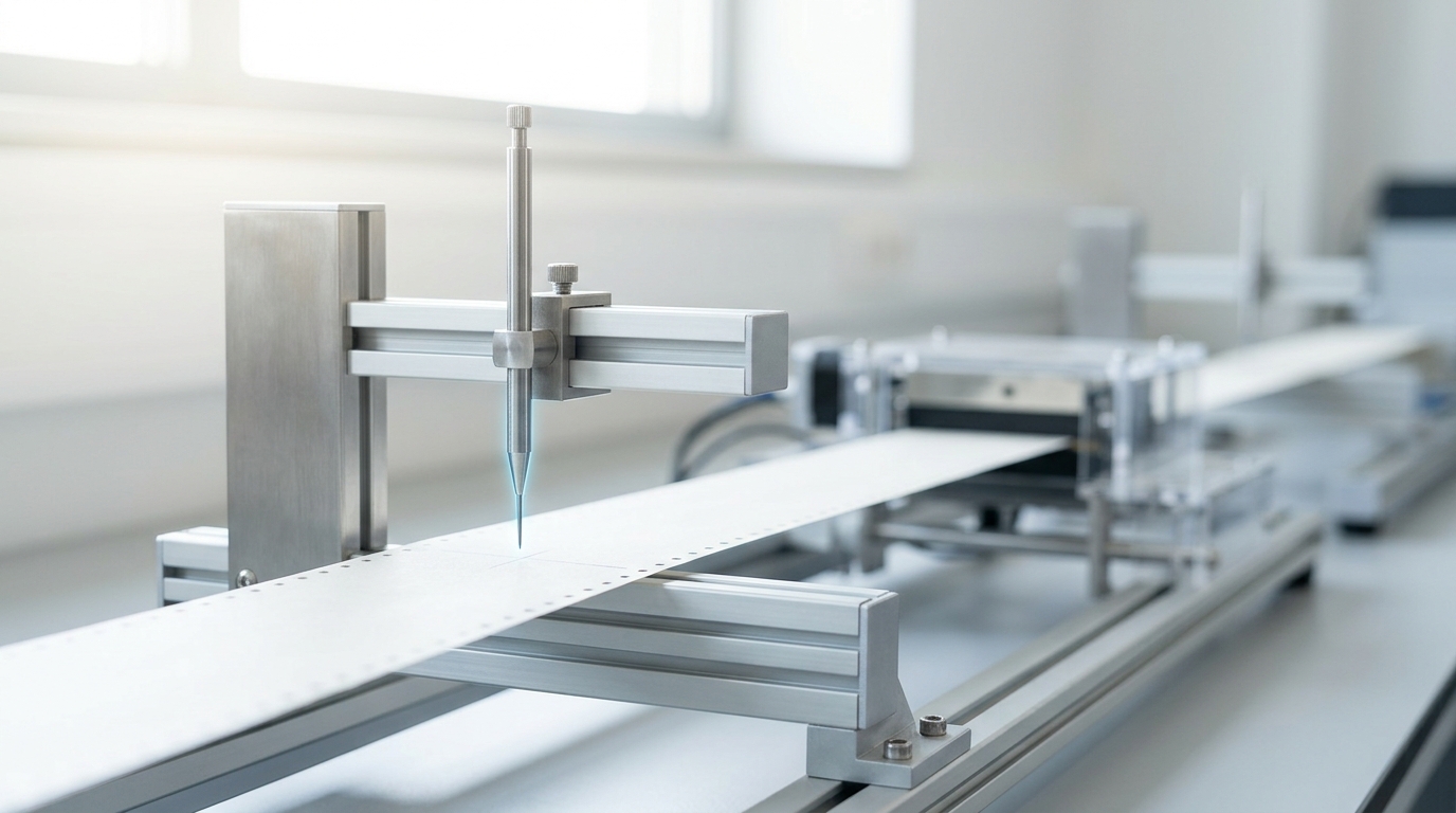 A slim vertical pin-gauge mounted over one rig's paper tape, caught mid-drop toward a marked depth on the tape, not yet seated