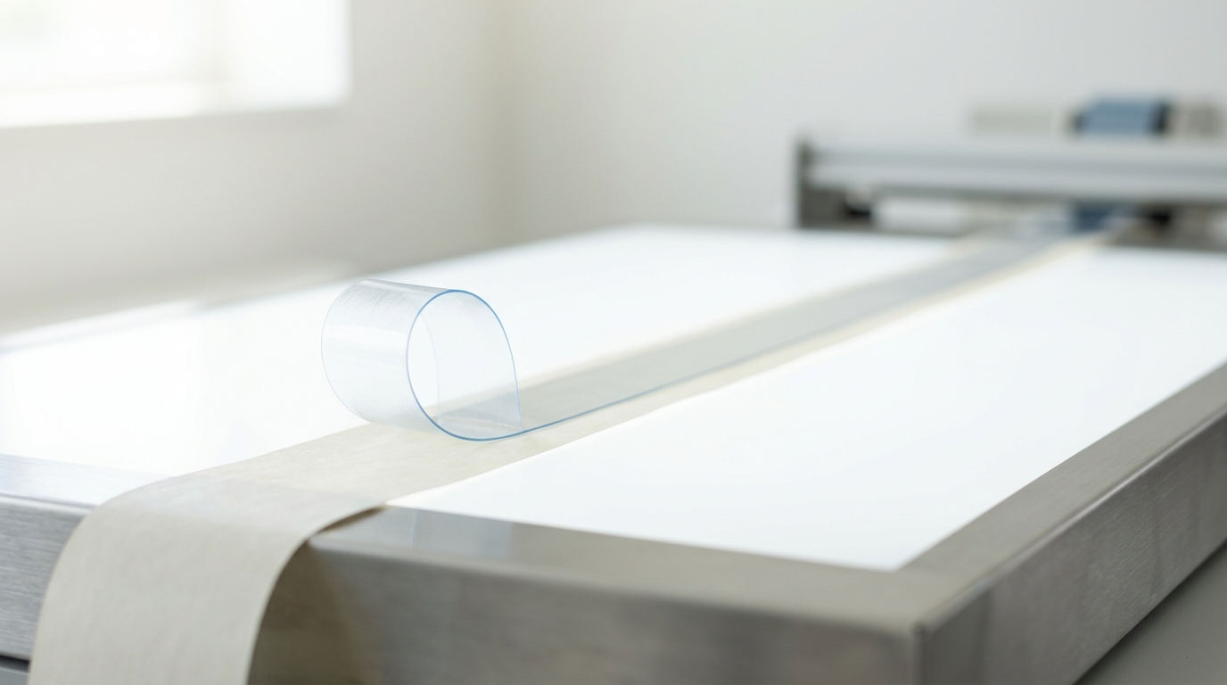 A light table where a rig's output tape is laid over its source tape for comparison, most sections aligning exactly, one small spliced-in loop of extra tape still curling and not yet trimmed flush