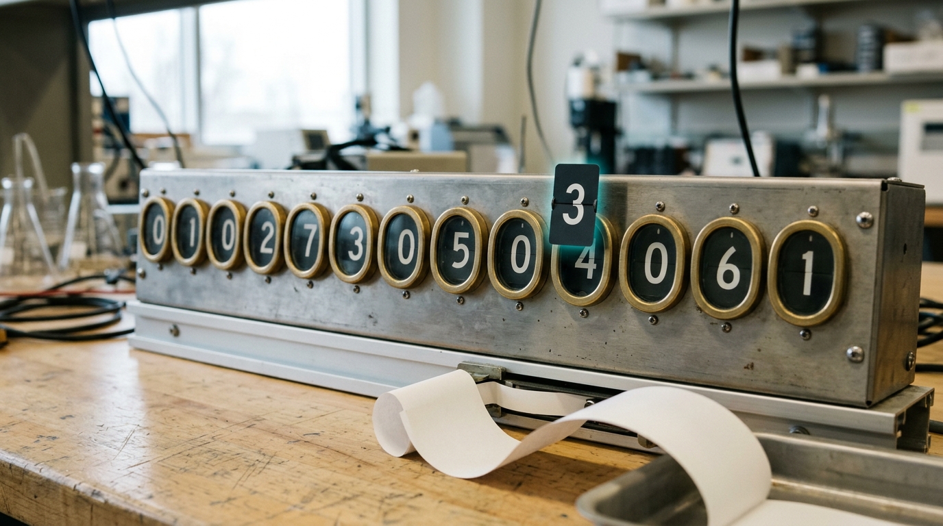 A row of small blank mechanical flip-counters at the end of a test lane, most standing on their hit face, one caught mid-flip toward its miss face as the sweep reaches a longer length