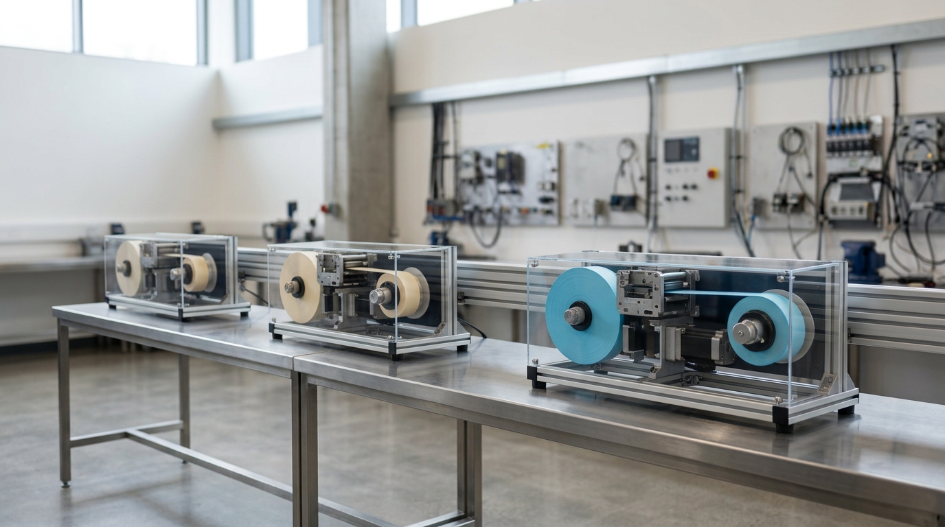 Three parallel long-context test rigs on one steel bench in a bright lab, each feeding waxed paper tape from a supply reel through its own reader head, one reel visibly further into its run than the other two