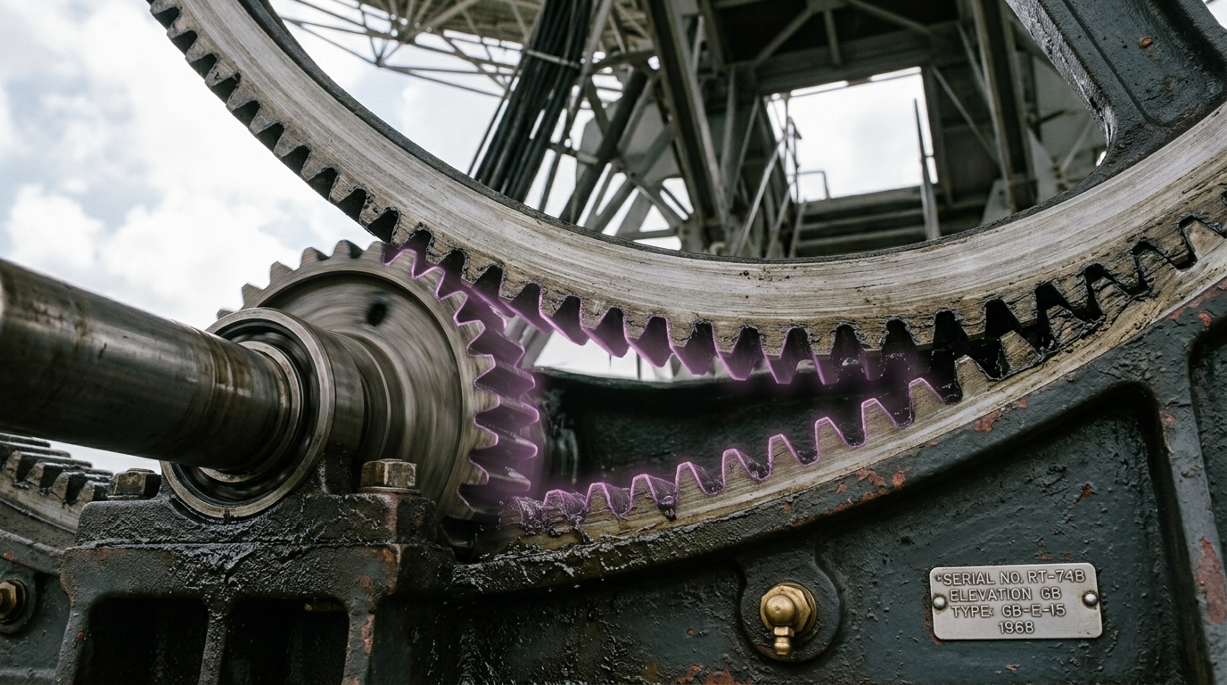A radio telescope's azimuth drive room seen low across the gearbox, the shaft encoder's read-out numerals mid-change as the dish continues its slew, a bank of rack electronics glowing softly behind