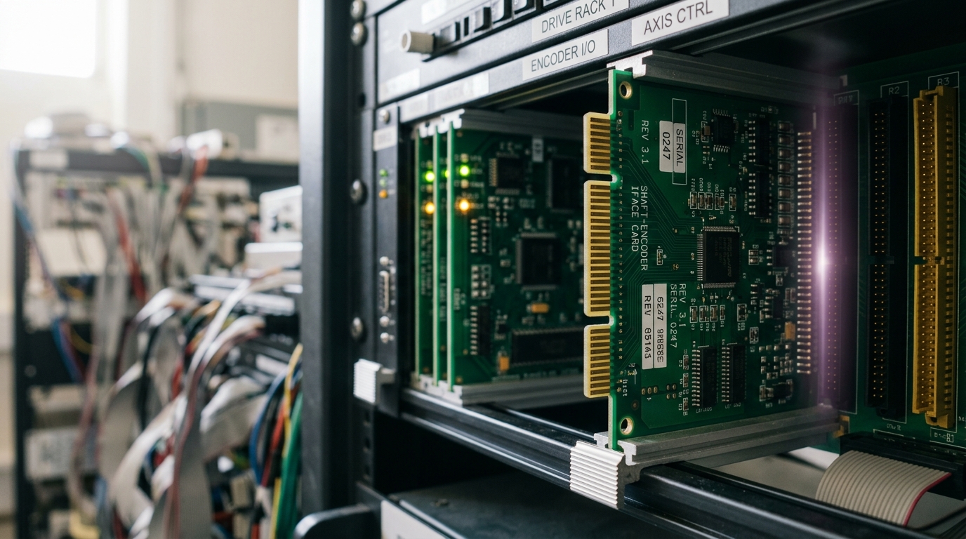 An open drive-room rack with one shaft-encoder interface card half withdrawn from its slot, its gold edge connector resting a hair short of the backplane contacts