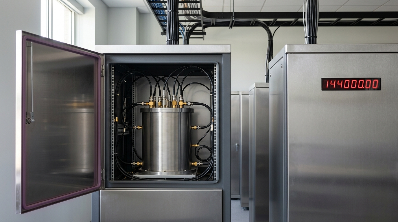 A temperature-controlled cabinet holding a hydrogen-maser frequency standard, its front panel door swung half open, a neighbouring cabinet's comparison read-out numeral still settling