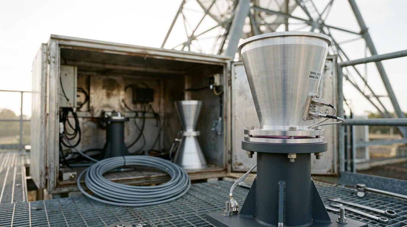 A spare feed horn standing unused on its maintenance stand beside the one now mounted in the focus cabin, its foam dust cap resting half off the aperture