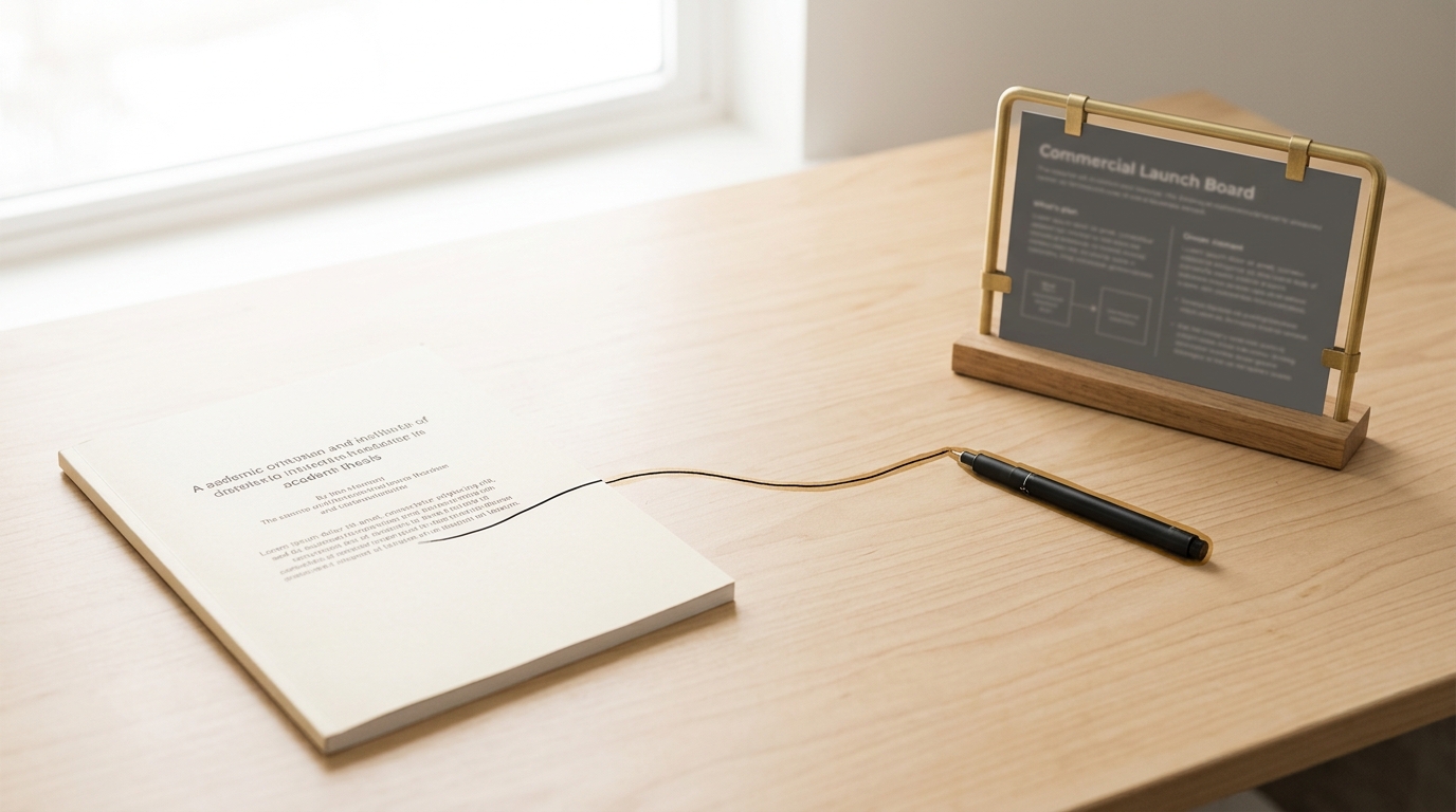 A 2004-style academic thesis document on a bright desk beside a 2006-style commercial platform launch board, a single continuous line caught being drawn from the thesis's cover page to the launch board, still short of reaching it