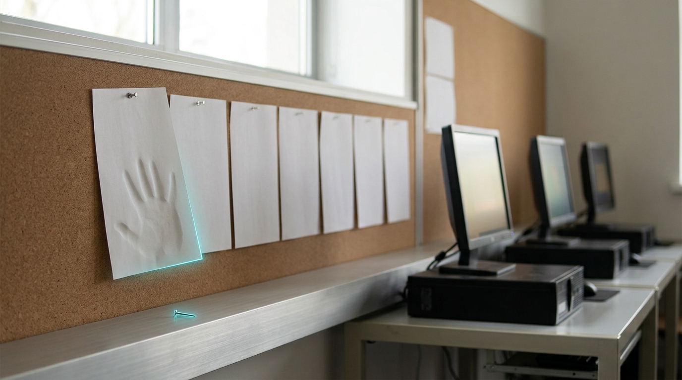 A small workstation cluster running an agent-based simulation, parameter sheets pinned beside the screens