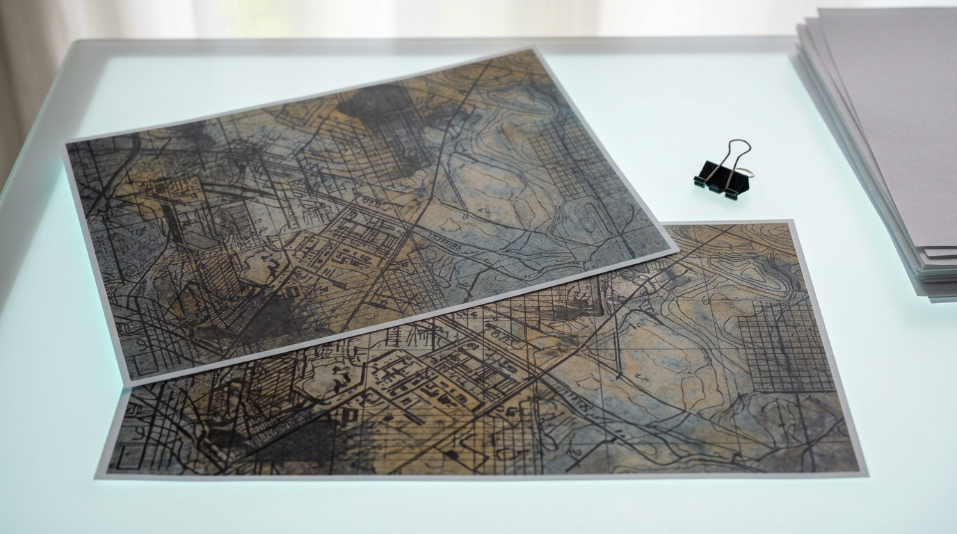 Simulated output printouts laid against an archaeological dataset printout on a lightbox for calibration