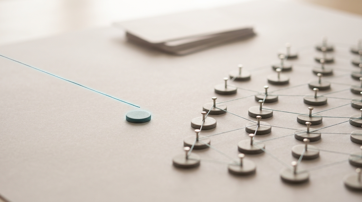 Small physical tokens laid out on a table to plan a population-connectivity condition for an experiment