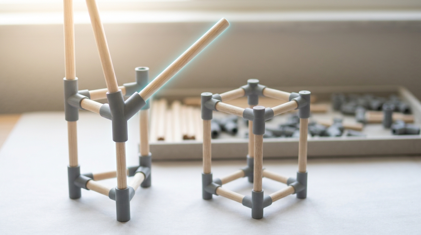 A construction task used in a cumulative-culture experiment, one generation's structure beside the next attempt