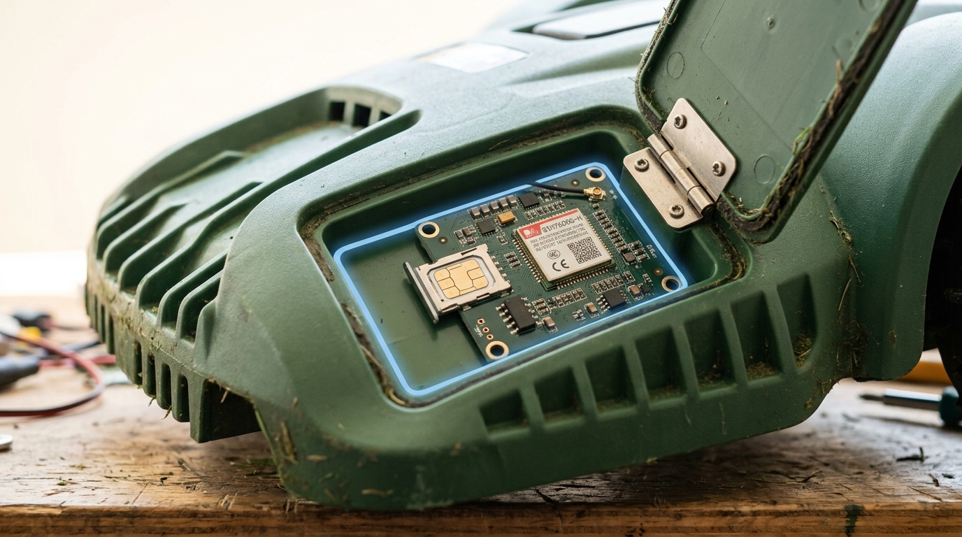 A robot mower's underside access panel lifted open, exposing a small cellular module board with an empty SIM-card tray beside it