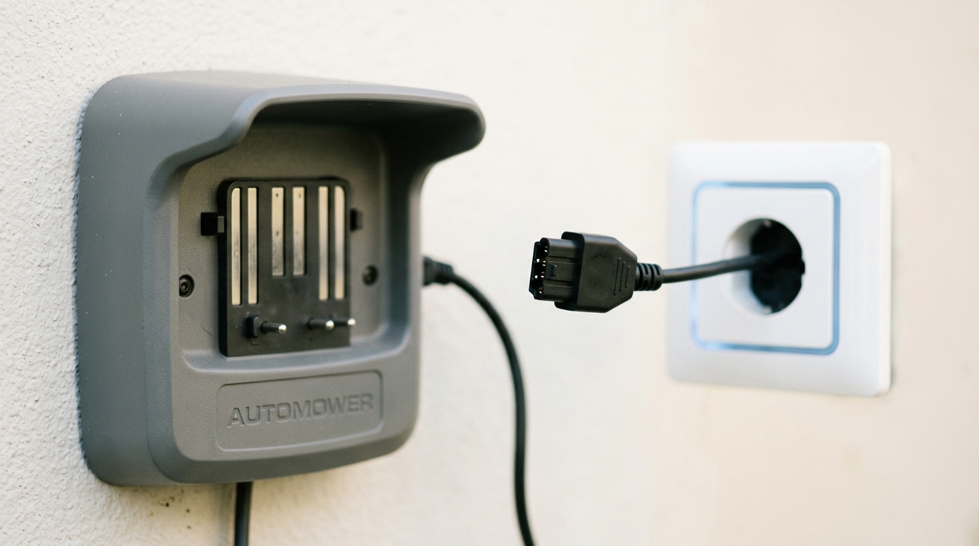 A robot mower's charging dock against a garden wall, its network cable pulled halfway out of a wall-mounted socket