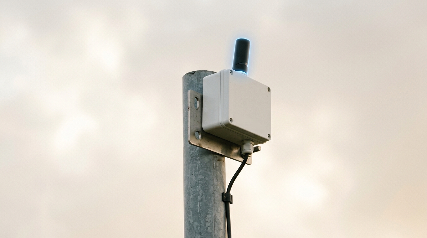 A small weatherproof GNSS reference-station enclosure mounted near the top of a plain pole against open sky, its mounting bracket not yet fully tightened