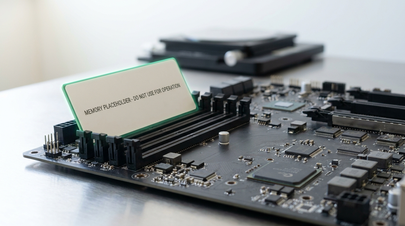 An Ascend-style accelerator board on a bright bench with its memory sockets empty, a technician's placeholder card resting in one socket where a stack would normally be seated