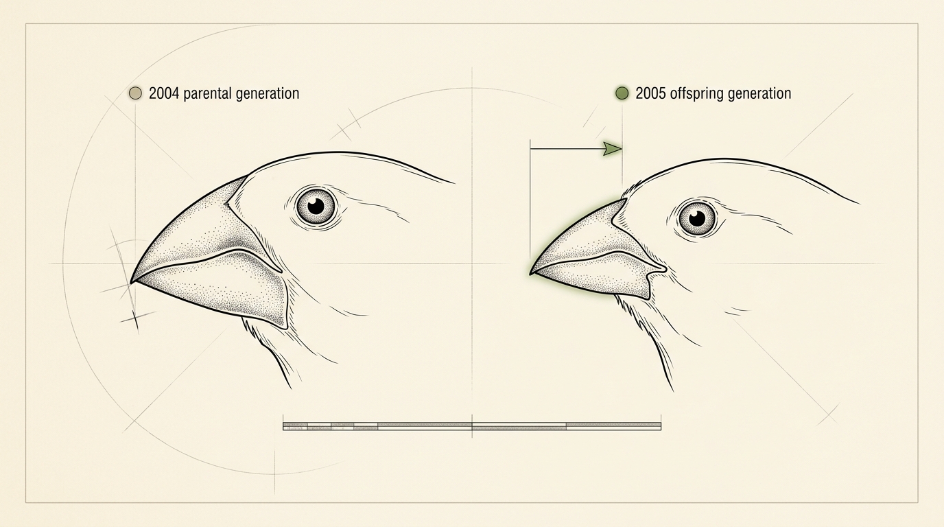 A sequence plate of Geospiza fortis beak profiles from the 1977 Daphne Major drought sample, arranged in a row from shallowest to deepest beak depth, the smallest-beaked specimens marked with an empty mortality roundel and the largest with a filled survivor roundel